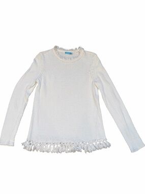 NWOT J.McLaughlin White Fringe Trim Textured Knit Sweater